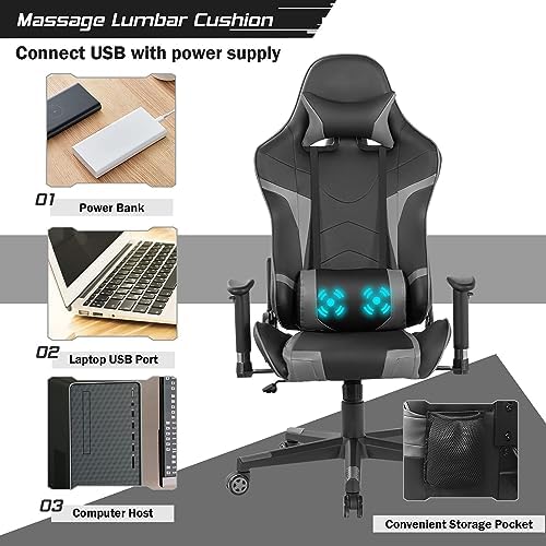 DORTALA Ergonomic Gaming Chair, High-Back Racing Chair w/Massage Lumbar Support, Extra Power Bank Pocket, 360° Swivel, Adjustable Backrest & Armrest, for Office, Game Room (Grey)