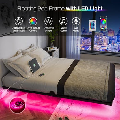 Floating Bed Frame Full Size Metal with LED Light & Charging Station
