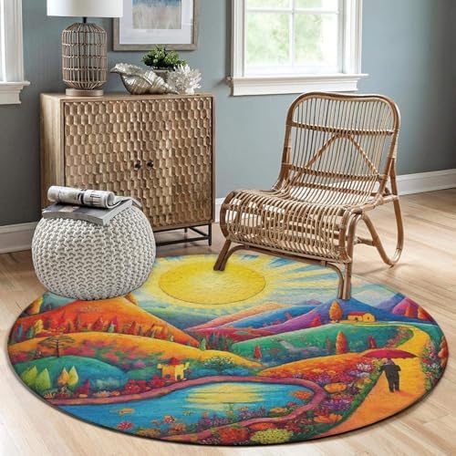 Large Round Area Rug Home Decor Modern Bathroom Rug Kitchen Office Circle Rug for Living Room Sofa Circle Cute Mat Colorful Red Cottage Landscape Art, 60inch