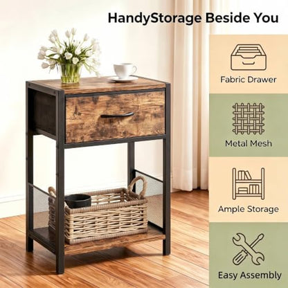 Night stand Set of 2 with Fabric Drawer, Rustic Brown Bedside Table