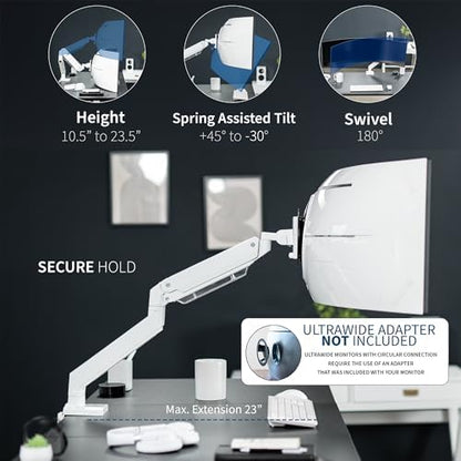 VIVO Premium Aluminum Heavy Duty Monitor Arm for Ultrawide Monitors up to 49 inches and 33 lbs, Single Desk Mount Stand, Pneumatic Height, Max VESA 100x100, White, STAND-V101G1W