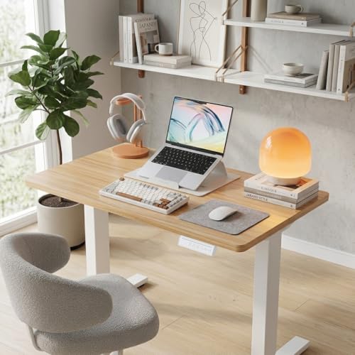 32x19 Inch Small Electric Standing Desk, Adjustable, Light Walnut