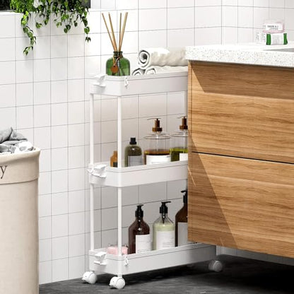 Slim Rolling Storage Cart, 3 Tier Bathroom Cart Organizer,White