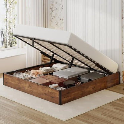 King Size Bed Frame with Lift Up Storage, Rustic Brown