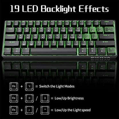 DIERYA 60% Mechanical Keyboard, DK61se Wired Gaming Keyboard with Blue Switches, LED Backlit Ultra-Compact 61 Keys Mini Office Keyboard for Windows Laptop PC Gamer Typist（Black）