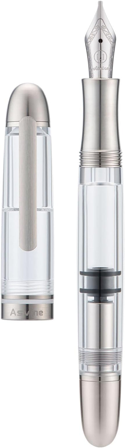 Asvine P36 Titanium Fountain Pen Piston Filling, Stub Nib 1.1mm Calligraphy Art Drawing Clear Demonstrator Acrylic with Case Set