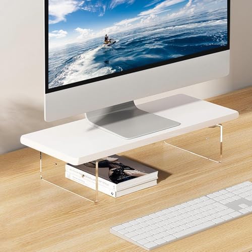 Monitor Stand Riser 2.16/3.34 Inch 2 Height Adjustments Acrylic Stand with Installation Tool, Desk Organizer Accessories Office Desk Storage Rack Screen/PC/Printer/Laptop Riser 7.8 x 15.7 Inch (White)