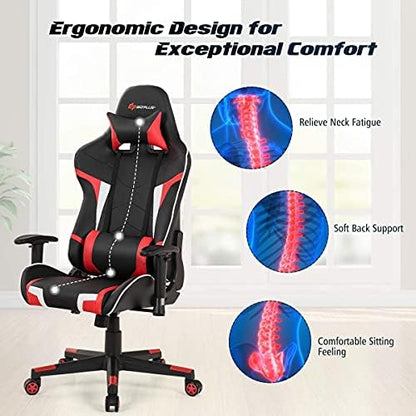 Massage Gaming Chair, High Back Office Computer Chair with Headrest and Lumbar Support, Racing Style Reclining Swiveling Game Chair for Home Office (Red)