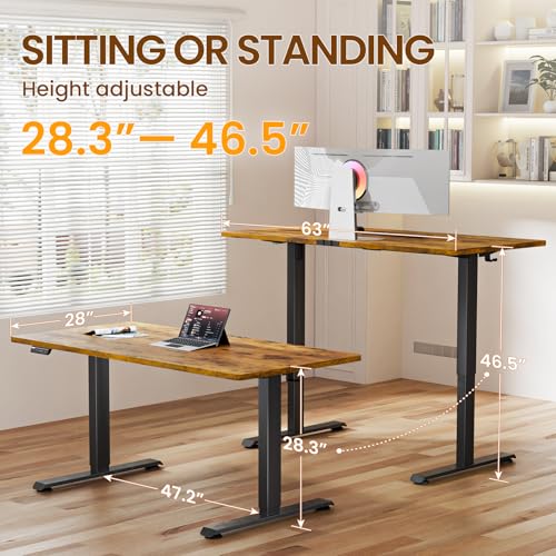63"x28" Wider Large Standing Desk, Electric Height Adjustable, Brown
