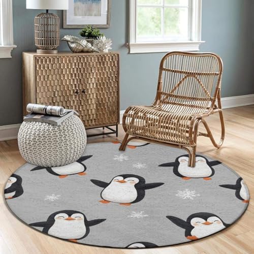 Large Machine Washable Circular Rugs, Home Decor Round Mat for Living Room Sofa Office Cute Penguin Grey