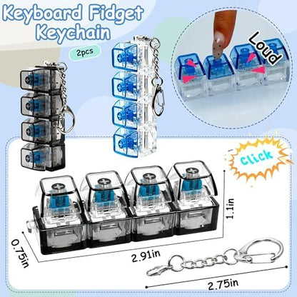 2 PCS Keyboard Fidget Toy, Keyboard Fidget Keychain 4-in-1 Keyboard Decompression Button Finger Clicker Toys, Button Stress Relief Fidget Gifts to Relief Stress (Black Blue)