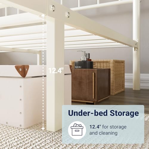 Full Size Metal Platform Bed Frame with Headboard, Cream