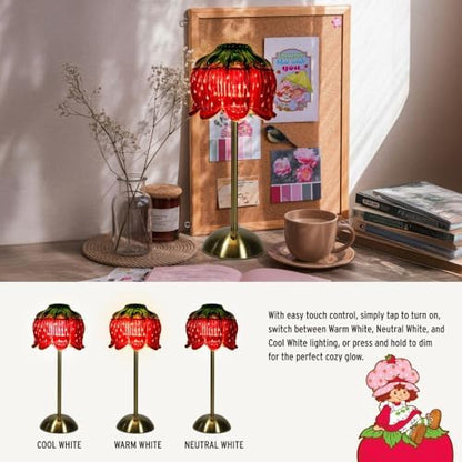Strawberry Shortcake Touch Lamp- Red Glass Strawberry Shade, USB-C Rechargeable, 3 Dimmable Light Temperatures, LED Desk Lamp, Brush Brass Base & Pole, Cute Décor for Girls' Bedroom, Housewarming Gift