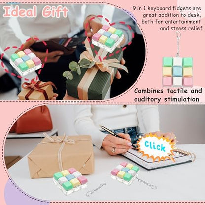 Keyboard Fidget Toy, Keyboard Fidget Keychain 9-in-1 Keyboard Decompression Button Finger Clicker Toys Stress Relief Fidget Gifts (5 Colors- Green Yellow Pink White Blue)