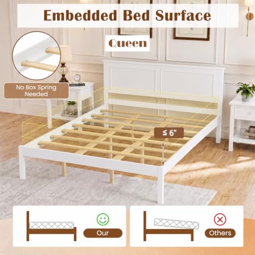 Queen Size Bed Frame, Farmhouse Wooden Platform Bed with Headboard
