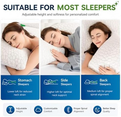 SUPA MODERN Cooling Pillow Queen Size Set of 2, CertiPUR-US Shredded Memory Foam Pillows for Sleeping, Cool Bed Pillows for Hot Sleepers, Adjustable Firm Pillow for Side,Back,Stomach Sleepers