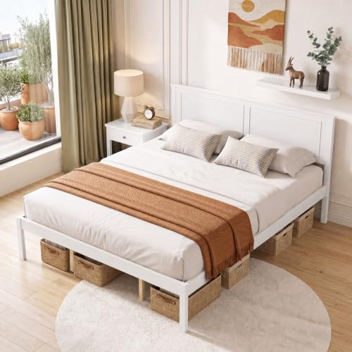 Queen Size Bed Frame, Farmhouse Wooden Platform Bed with Headboard