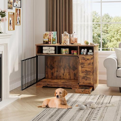 48'' Dog Crate Furniture with Bowl, Medium Dog Cage, Retro Brown