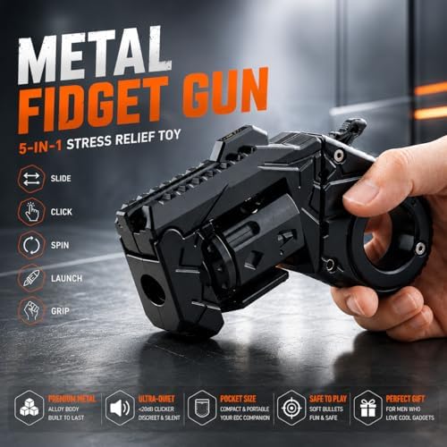 Metal Fidget Toys Gun for Adults: EDC Stress Relief Fidget Spinner Toy, 5 in 1 Mini Cool Fidgets Guns with Slider & Finger Ring for Men (JJ011 - Black)