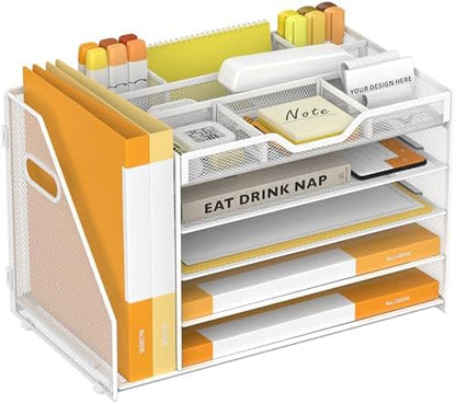 5 Tier Paper Letter Tray Desk Organizer with Pen Holders - White