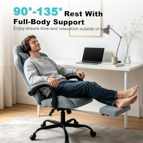 Fabric Gaming Chair for Adults, Ergonomic Computer Office Desk Chair with Footrest,Pocket Spring Cushion, Reclining High Back Silla Gamer for Home Office, Blue