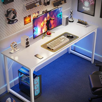 Huuger Computer Desk, 63 Inch Office Desk, Gaming Desk with Storage, Writing Desk Work Desk for Home Office, Study, Modern Simple Desk, Large Legroom, Metal Frame, White