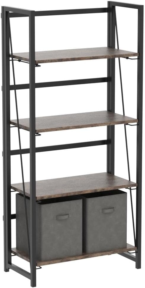 4NM No Assembly Folding Bookshelf Storage Shelves 4 Tiers Vintage Bookcase Standing Racks Study Organizer Home Office (Rustic Brown Black)