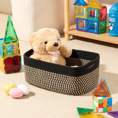 MiniArk Small Storage Baskets for Organizing | Closet Organizer Bins | Shelf Toy Basket | Woven Rope Baskets | Cube Decorative Box | Shallow Basket | 13x8.5x5.1” | 3 Packs Black Brown
