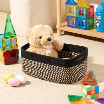 MiniArk Small Storage Baskets for Organizing | Closet Organizer Bins | Shelf Toy Basket | Woven Rope Baskets | Cube Decorative Box | Shallow Basket | 13x8.5x5.1” | 3 Packs Black Brown