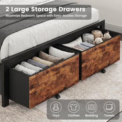 Full Size Bed Frame with Upholstered Headboard and 2 Storage Drawers