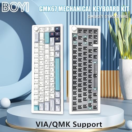 BOYI GMK67Pro Keyboard Barebones Kit,QMK/VIA Programmable BT5.0/2.4G/Type-C Tri-Mode Wireless RGB Gasket Mounted 65% Compact Custom RGB 4000mAh Mechanical Keyboard with Knob DIY Kit(White)