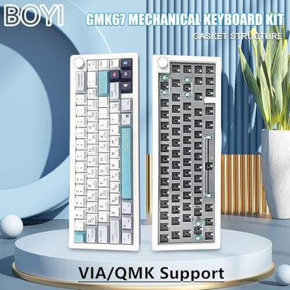 BOYI GMK67Pro Keyboard Barebones Kit,QMK/VIA Programmable BT5.0/2.4G/Type-C Tri-Mode Wireless RGB Gasket Mounted 65% Compact Custom RGB 4000mAh Mechanical Keyboard with Knob DIY Kit(White)