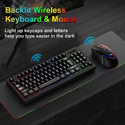 BlueFinger Wireless Keyboard and Mouse Combo, Long Lasting Rechargeable Battery 87 Keys RGB Rainbow Backlit Gaming Keyboard & Ergonomic Light Up Gaming Mouse for Mac Laptop Computer PC Gamer