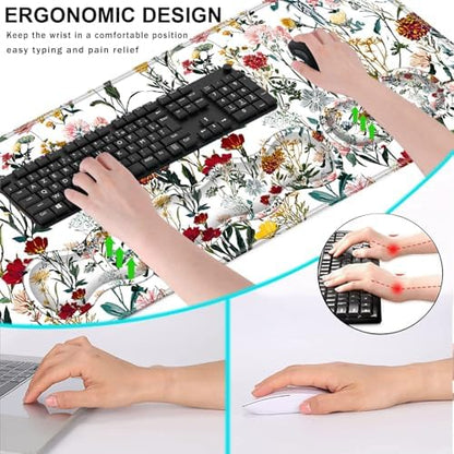 Keyboard Wrist Rest and Mouse Pad with Wrist Support Set Ergonomic Coaster,Memory Foam,Easy Typing Pain Relief,Large XL Desk Mat 31.5"x 11.8",Beautiful Floral
