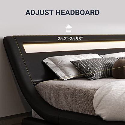 Queen Size LED Platform Bed Frame with Adjustable Headboard, Black