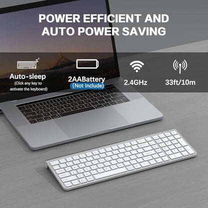 JOYACCESS Wireless Keyboard, Ergonomic,Dustproof,2.4G Slim and Compact Quiet Wireless Keyboard with Number Keypad for Windows, MacBook Pro/Air, Laptop, Desktop, PC-Sliver&White