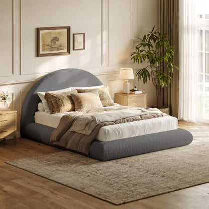 Queen Upholstered Platform Bed Frame with Arched Boucle Headboard