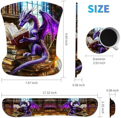 3Pcs Ergonomic Memory Foam Keyboard Wrist Rest Pad Set, Dragon Book