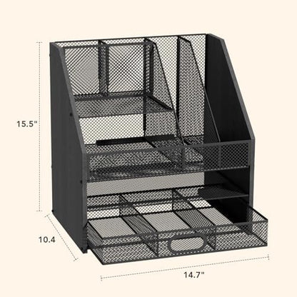 Homsorout Wooden Desk Organizer - Mesh File Organizer with Drawers and Pen Holder - 4-Tier Vertical Paper Letter Storage Tray, Desktop Organizers and Accessories for Home Office (Black