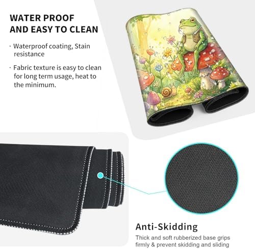 Large Gaming Mouse Pad + Memory Foam Ergonomic Keyboard Wrist Rest Support + Wrist Rest + Coaster, Green Desk Decor Mat, Stitched Edge Non Slip Desk Mat 4PC for Office & Home, Cute Frog Kawaii