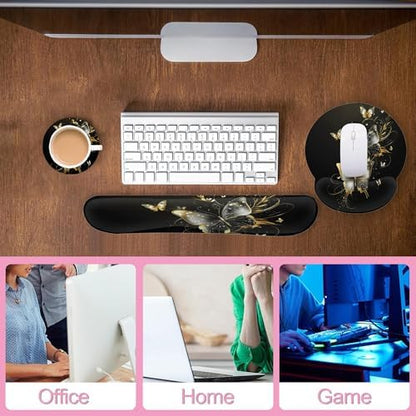 Golden Butterfly Keyboard Wrist Rest Pad Mouse Pad Set,Ergonomic Mousepad Wrist Support Memory Foam Desk Pad for Gaming Office,Non-Slip Rubber Base Easy Typing for Home Office Computers
