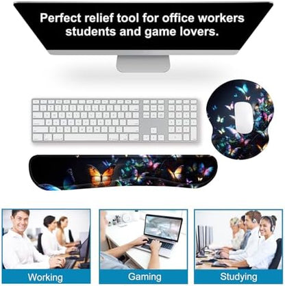 ARTSO Ergonomic Mouse Pad with Wrist Rest, Comfortable Keyboard Wrist Rest, Memory Foam Mousepad for Computer Keyboard, Mouse Pad Set for Easy Typing, Pain Relief, Night Butterfly