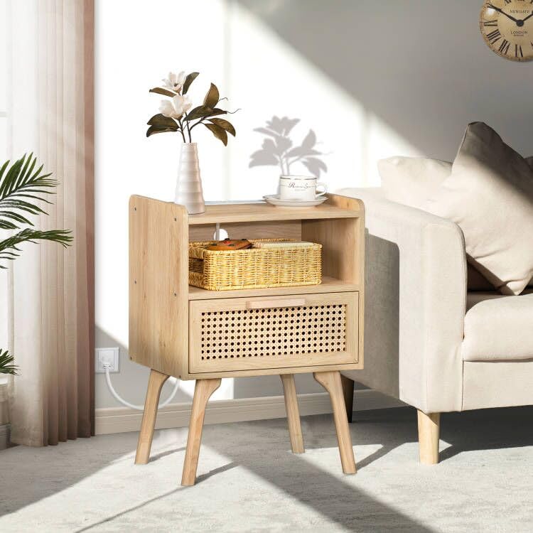 Rattan Nightstand with Charging Station, Boho Side Table with Drawer Open Shelf, Cane Accent Bedside End Table for Bedroom, Dorm and Small Spaces