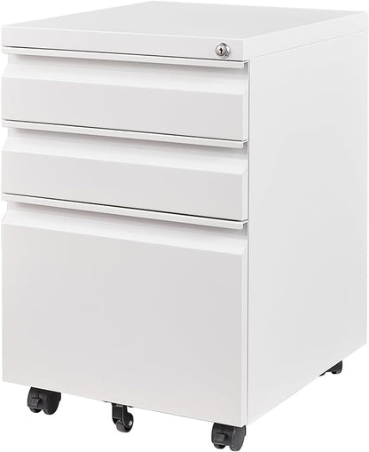 Letaya 3 Drawer Mobile File Cabinet with Lock, Under Desk Metal Filing Cabinets for Home Office Organizer Letters/Legal/A4(Fully Assembled-White)