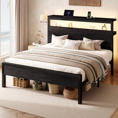 Queen Bed Frame, 2-Tier Storage Headboard, LED, Charging Station