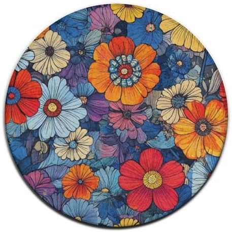 Fashion Round Area Rug Large Non Slip Carpet, Boho Floral Blossom Unisex Home Decor Mat