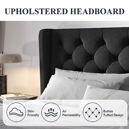 Queen Size Bed Frame with Button Tufted Wingback Headboard, Black