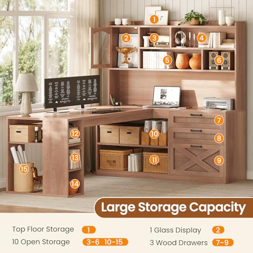 61" L Shaped Office Desk with Drawers and Storage, Light Brown