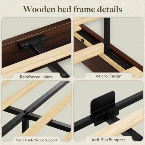King Size Bed Frame with 50.2" Tall Upholstered Headboard, Walnut