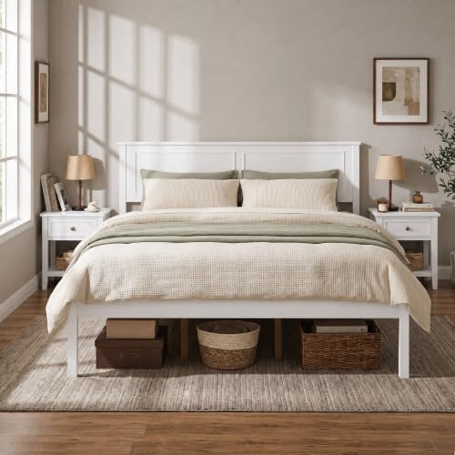 Queen Size Bed Frame, Farmhouse Wooden Platform Bed with Headboard